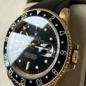 RARE ROLEX GMT-MASTER 16758 18K YELLOW GOLD BLACK NIPPLE DIAL 40MM MENS WATCH